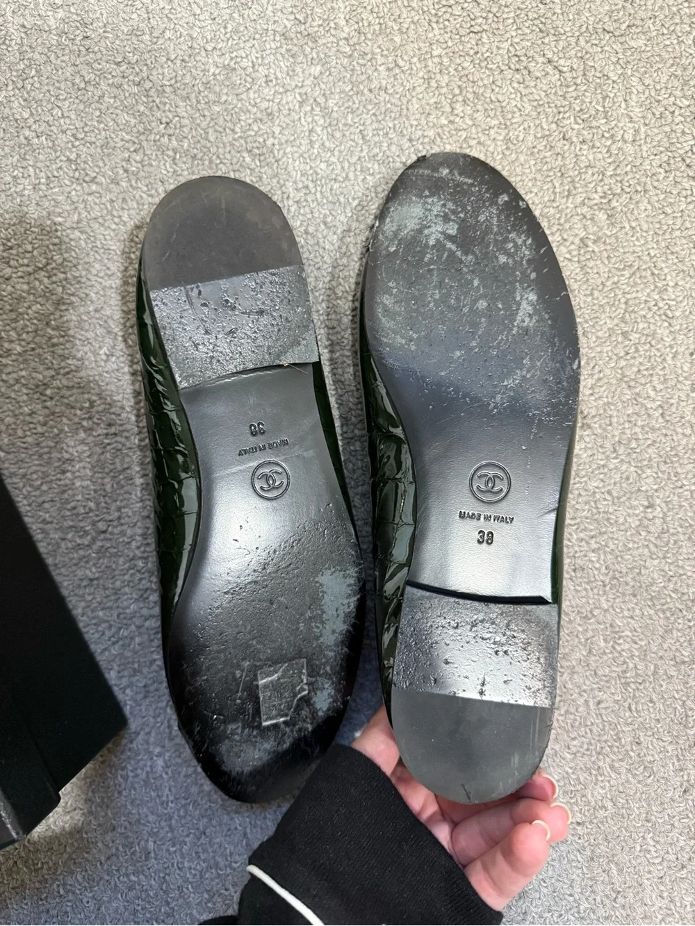 CHANEL Dark Green Patent Leather Cap Toe Ballet Flats with Black Accents